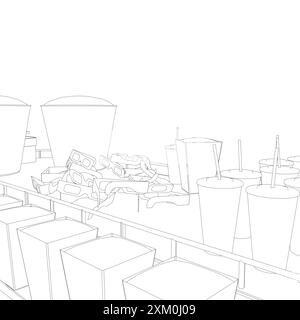 Umriss von Paketen mit Popcorn, Gläsern mit Limonade, Kinogläser aus schwarzen Linien isoliert auf weißem Hintergrund. Vektorabbildung. Stock Vektor