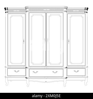 Kontur einer hölzernen Retro-Garderobe. Natürliches Holz Retro Schrank für Innenraum, Kleid Aufbewahrungsschrank Vektor Illustration Stock Vektor