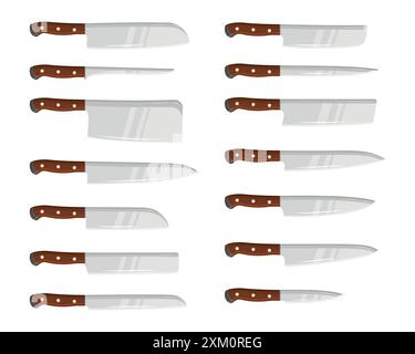 Ein Set Küchenmesser, Besteck und ein Fleischbeil Stock Vektor
