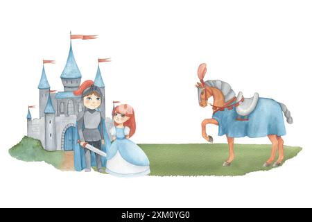 Rahmen mit Aquarellillustration eines Fantasy Prinzen und Prinzessin in blauem Kleid, Schloss. Mittelalterliche Illustration isoliert Stockfoto