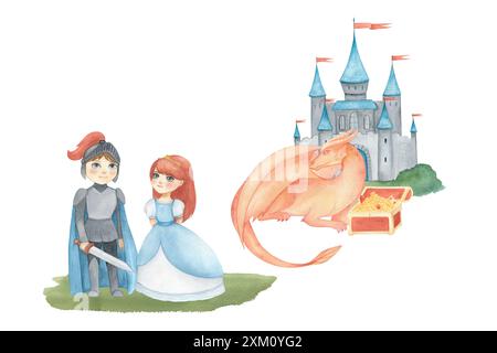 Aquarellillustration eines Fantasy-Prinzen in blauer und grauer Rüstung mit Schwert und Prinzessin in blauem Kleid Fantasy-Drachen und Haufen Schatztruhe Stockfoto