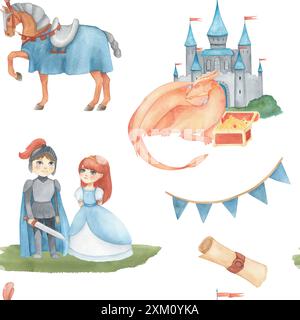 Nahtloses Muster mit Aquarellillustration von Fahnen in Rot und Blau und Burg, Ritter oder Prinz, Pferd, Drache, Schatzhaufen, Prinzessin Stockfoto