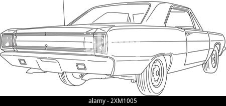 Oldtimer amerikanischer Muscle Car aus den 1960er Jahren niedriger Winkel hinten rechts Ansicht Linie Art Vektor Illustration Stock Vektor