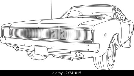 Vintage american Muscle Car von 1970 niedriger Winkel frontal links Ansicht Linie Kunst Vektor Illustration Stock Vektor