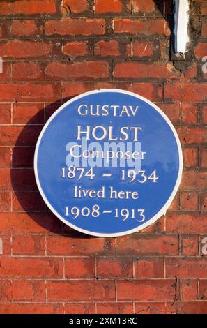 Gustav Holst blaue Tafel an der Mauer von 10, die Terrasse, Barnes. London. Georgianisches Haus, das einst dem Komponisten gehörte. (138) Stockfoto