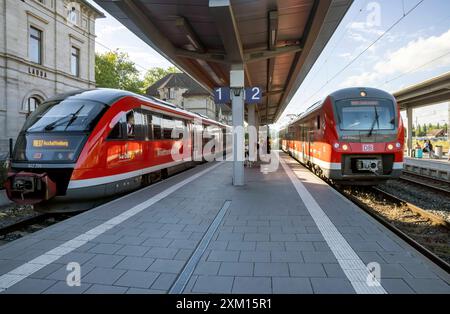 Bahnhof Lauda mit Regionalzug. // 11.07.2024: Lauda-Königshofen, Baden-Württemberg, Deutschland, Europa *** Bahnhof Lauda mit Regionalzug 11 07 2024 Lauda Königshofen, Baden-Württemberg, Deutschland, Europa Stockfoto