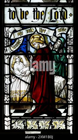 Christ Raising Jairus' Tochter Buntglas, All Saints Church, Stretton on Dunsmore, Warwickshire, England, UK Stockfoto