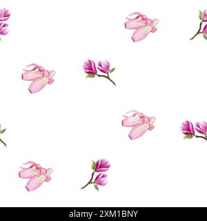 Nahtloses Muster mit rosafarbenem Magnolienzweig und pinkfarbenen spitzenschuhen. Handgemachte Aquarellabbildung auf weißem Hintergrund. Für Verpackungspapier, Textil, W Stockfoto
