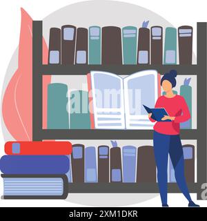 Flache Illustration einer Leserin in der öffentlichen Bibliothek. Bildungskonzept. Stock Vektor