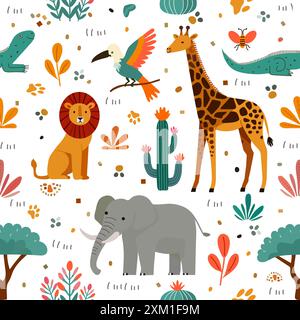 Vektor-kindliche Babys nahtlose Musterillustration mit niedlichen Zeichentricktieren, Pflanze. Löwe Elefant Giraffe Monitor Eidechse Vogel Kakteen Baum Blumen Stock Vektor