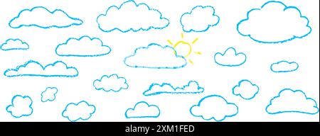 Set abstrakter Bleistiftwolken. Handgezeichneter Cartoon bewölkter Himmel und Sonne. Vektor-Illustration der Sammlung von blauem Wirbel auf weißem Hintergrund. Nachahmung von Stock Vektor