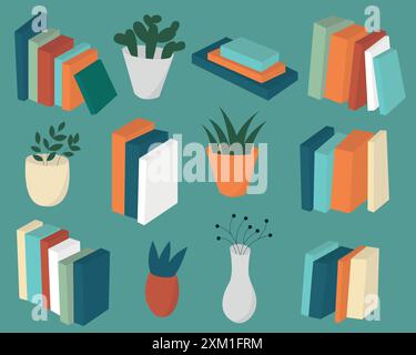 Set von Büchern und Zimmerpflanzen in flachem Stil Vektor Stock Vektor
