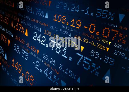 Abstrakter Börsenticker mit Preisen, prozentualen Änderungen. Börsenticker mit Preisen, prozentualen Änderungen. Abstrakte Ticker-Tafel, Finanzmarkt, Bildschirm, Geschäft, Handel, Preise, Angebote, Investitionen. 3D-Illustration img Stock market056s01 abstract ticker Board percent Signs Stockfoto