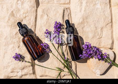 Zwei Kosmetikflaschen aus dunklem Glas mit natürlichem Lavendelöl, Körperhautseren auf Steinhintergrund mit frischen Lavendelblüten. Draufsicht. Stockfoto