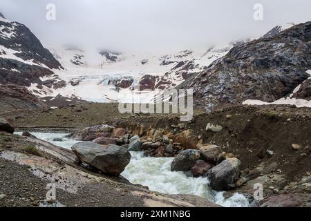 Terminal vor dem Forni-Gletscher. Moräne, Gletscherschutt, Schmelzwasserstrom. Steine und glatte Felsen. Valfurva. Lombardea. Italien. Europa. Stockfoto