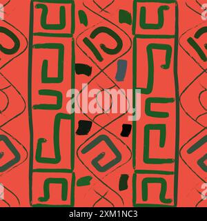 Dieses Bild zeigt ein lebendiges und symmetrisches ethnisches Muster mit einer komplexen Anordnung geometrischer Formen und Linien. Die harmonische Mischung aus GREE Stockfoto
