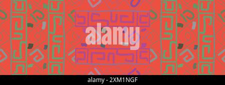 Dieses Bild zeigt ein lebendiges und symmetrisches ethnisches Muster mit einer komplexen Anordnung geometrischer Formen und Linien. Die harmonische Mischung aus GREE Stockfoto