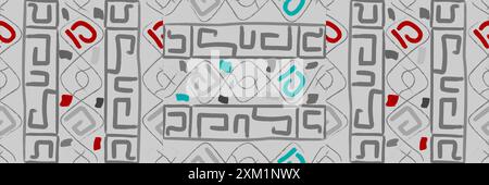 Dieses Bild zeigt ein kompliziertes abstraktes geometrisches Muster, überwiegend in Graustufen, mit strategischen roten und gelben Akzenten, die mehr Lebendigkeit verleihen. Das d Stockfoto