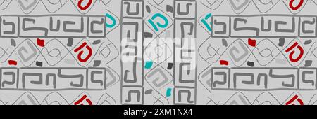 Dieses Bild zeigt ein kompliziertes abstraktes geometrisches Muster, überwiegend in Graustufen, mit strategischen roten und gelben Akzenten, die mehr Lebendigkeit verleihen. Das d Stockfoto