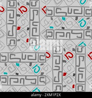Dieses Bild zeigt ein kompliziertes abstraktes geometrisches Muster, überwiegend in Graustufen, mit strategischen roten und gelben Akzenten, die mehr Lebendigkeit verleihen. Das d Stockfoto