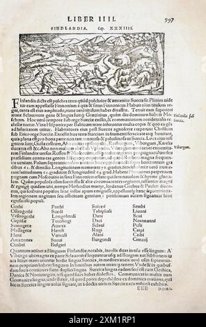 Der fließende Holzschnitt ist das erste Bild, das jemals in Finnland veröffentlicht wurde. Ein deutscher Katrograf Sebastian Münster (1488–1552) machte eine der meisten Popula Stockfoto