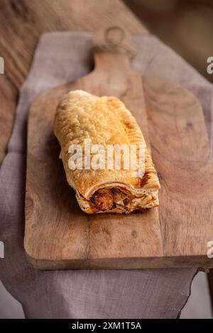 Vegane Wurstrolle auf einem hölzernen Schneidebrett. Draufsicht. Stockfoto