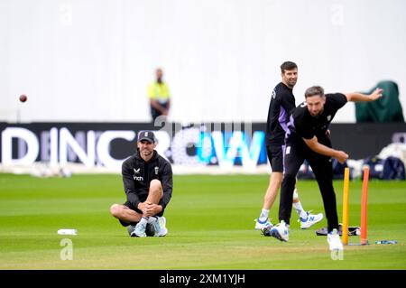 Die Engländer James Anderson, Mark Wood und Chris Woakes während einer Nets Session in Edgbaston, Birmingham. Bilddatum: Donnerstag, 25. Juli 2024. Stockfoto