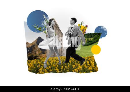 Eleganter Mann und Frau in Retro-Kleidung tanzen vor Feld, Wiese und Gebäude Hintergrund. Zeitgenössische Kunstcollage. Stockfoto