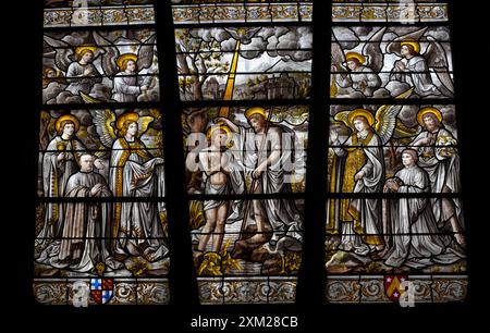 Buntglasfenster, das die Taufe Christi von Johannes dem Täufer darstellt, Kathedrale Beaune, Kirche Collégiale Notre-Dame, Frankreich. Stockfoto