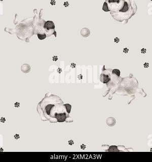 Nahtloses Muster von Tierhunden und Pfoten, Ball für Kinder. Handgezeichnete Illustration eines Mops, der auf isoliertem Hintergrund läuft oder springt. Minimalistisch Stockfoto