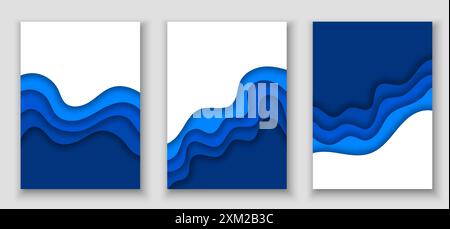 Blaue Wasserwellen, Papier geschnittene Banner. Meer und Ozeanwelligkeit. Leere 3D-Vektor-Rahmen mit gewellten Schichten für die Umwelt oder den Weltwassertag Stock Vektor