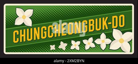Zinnplatte der Provinz Chungcheongbuk-do Südkorea. SK-Region-Platte mit weißem Magnolien- und Chrysanthemenblütensymbol. Provinz Chungcheong Nord, Chu Stock Vektor