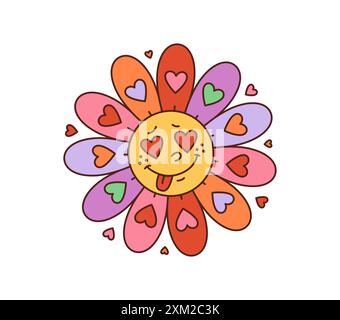 Cartoon Retro groovige Hippie-Liebhaber Gänseblümchen Blume. Isolierter Vektor y2k Kamillenblütencharakter, der Liebe verbreitet. Lustige Gänseblümchenblüte mit liebevollem Gesichtsemot Stock Vektor