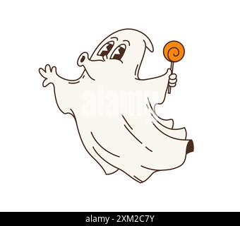Cartoon Retro-groovige Halloween-Geisterfigur. Isolierter Vektor schelmisch und grinsender Spuk, schwimmt mit einem bunten Lutscher in der Hand, pfeift flippig Stock Vektor