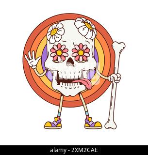 Retro-grooviger Halloween Sugar Skull Charakter. Isolierter Vektor Muertos-Schädel mit Blumenaugen und einer Zunge, die herausragt. Toter Calaca-Kopf, Anzeige Stock Vektor