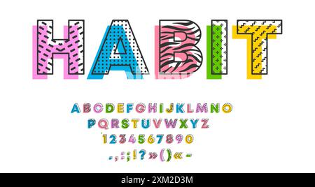 Memphis künstlerische Schriftart, Hipster-Headline-Typ. Englisches Alphabet geometrische Schrift Vektor Typografie mit Retro Farbmuster von Punkten, Linien und Wellen. Stock Vektor