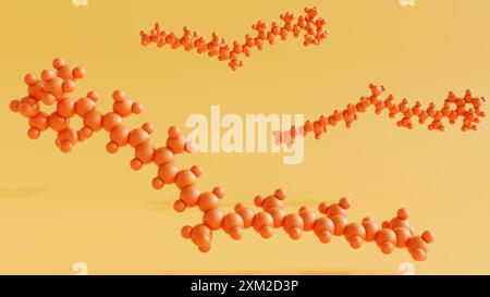 3D-Rendering eines Torulenmoleküls, es ist ein natürliches rotes Pigment, das zur Familie der Carotinoide gehört. Stockfoto