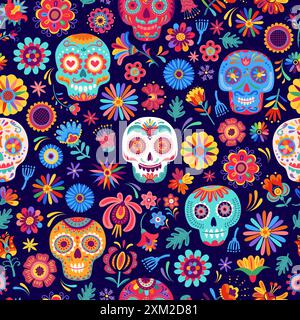 Catrin mexikanisches nahtloses Muster mit Calavera-Zuckerschädeln und tropischen Blumen. Tag des toten Feiertags Vektordruck oder Geschenkpapier Hintergrund, Di Stock Vektor