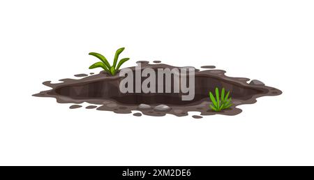 Erdloch oder Grubengraben in der Erde, tiefer schmutziger Grabenbruch im Boden, Vektor-Cartoon. Loch auf dem Boden oder unterirdische Spaltgrube mit Schlamm in Wasserpfütze und g Stock Vektor