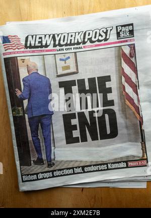 Sensationelle Highlights und Berichterstattung über Präsident Bidens Rückzug aus der New York Post, USA, Juli 2024 Stockfoto