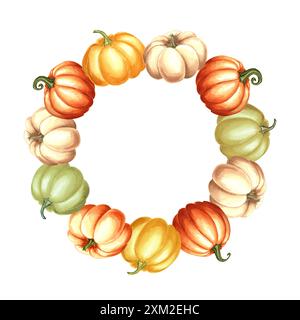 Kürbisse bunt. Herbstpflanzenkranz. Herbstlicher runder Rahmen für Erntefest. Handgezeichnete Aquarellillustration isoliert. Vorlage mit Kopierraum für Stockfoto