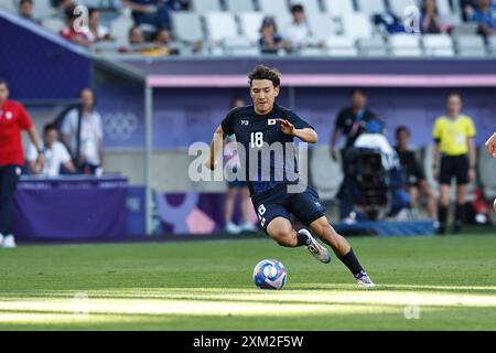 Bordeaux, Frankreich. Juli 2024. Kein Sato (JPN) Fußball/Fußball : Paris 2024 Olympische Spiele Männer Fußball Gruppe D Spiel zwischen Japan 5-0 Paraguay im Stade de Bordeaux in Bordeaux, Frankreich . Quelle: Mutsu Kawamori/AFLO/Alamy Live News Stockfoto