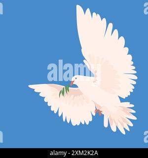 Taube auf blauem Hintergrund. Vektor. Das weltberühmte Symbol des Friedens. Eine wunderschöne weiße Taube mit einem Olivenzweig steigt in den blauen Himmel. Ho Stock Vektor