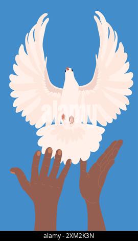 Hände mit einer Taube des Friedens in flachem Stil. Vektor. Ein weißer Vogel fliegt aus den Händen in den blauen Himmel. Das Konzept der Hoffnung, ein Zeichen der Freiheit und des Inde Stock Vektor