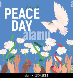 Internationaler Tag des Friedens. Vektor. Solidarität der Bewohner der Erde. Weiße Taube mit einem Olivenzweig auf weißem Hintergrund, erhobene Hände Stock Vektor