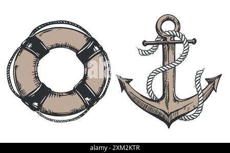 Metallanker und Rettungsring. Im Vintage-Stil. Schiff- oder Bootsanker und Rettungsschirm mit einem Seil auf weißem Hintergrund. Elemente für Tattoos, Etiketten, pac Stock Vektor