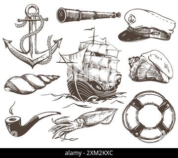 Elemente des Lebens eines Seefangers. Anker mit einem Seil, Kapitänskappe, Rauchpfeife, Rettungsboje, Tintenfisch, Spyglass, Segelschiff, Muscheln. Vektor Stock Vektor