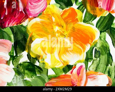 Abstrakte gelbe Blume, Original handgezeichnet, Impressionismus Stil, Farbstruktur, Pinselstriche von Acrylfarbe, Kunsthintergrund. Moderne Kunst. Stockfoto