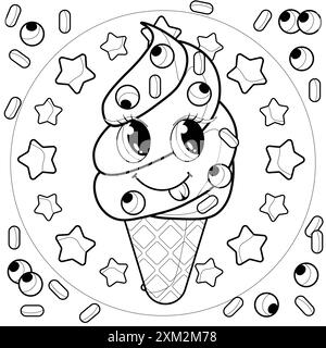 Farb-Seite für Kinder und Erwachsene. Meerjungfrau Malbuch. Niedlicher Eiscreme-Charakter. Köstliches Dessert. Illustration des Cartoon-Umrisses des Vektors. Kinder Stockfoto