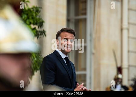 FRANKREICH- POLITIK-GIPFEL-INDONESIEN-DIPLOMATIE der Präsident der Republik Emmanuel Macron empfängt den indonesischen Präsidenten Prabowo Subianto im Elysee-Palast. In Paris, 24. Juli 2024. PARIS ILE-DE-FRANCE FRANKREICH COPYRIGHT: XANDREAXSAVORANIXNERIX FRANCE-POLITICS-TOP LEVEL SUMMI ASAVORANINERI-10 Stockfoto